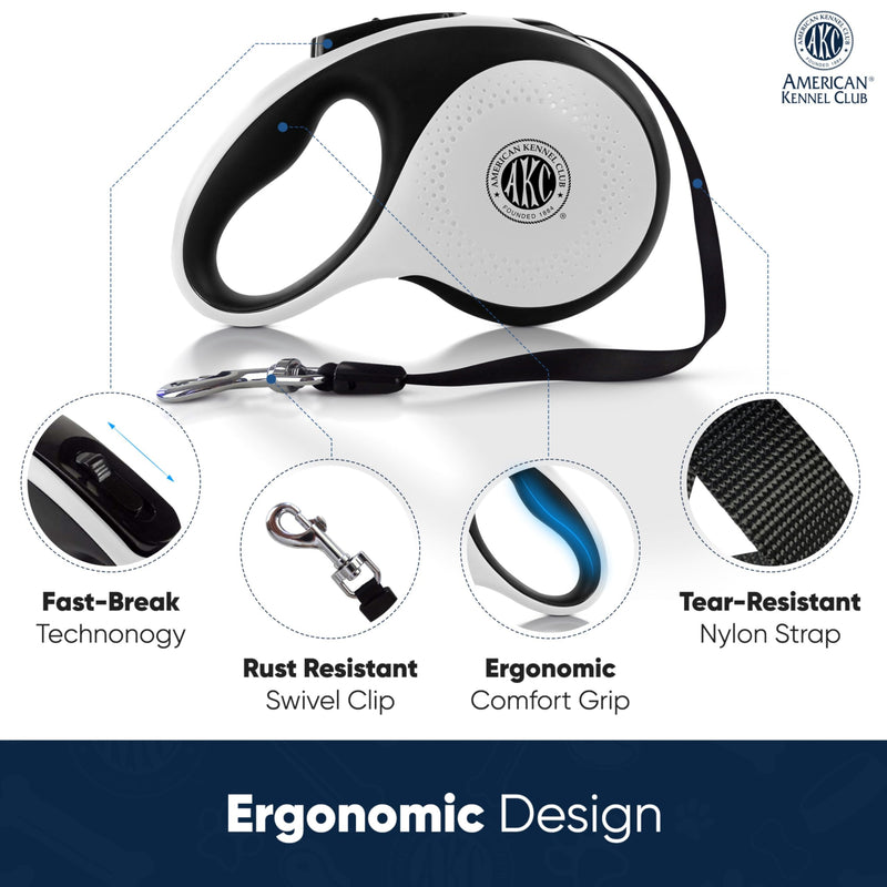 American Kennel Club Retractable Dog Leash, 16.4ft, Tangle-Free, Ergonomic Grip, One-Hand Brake, for Medium & Large Dogs up to 66 Medium Dog (Up to 66 lbs) White/Black - PawsPlanet Australia