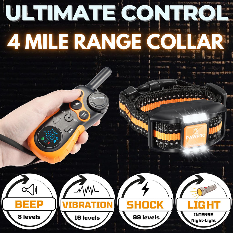Dog Shock Collar with Remote, Unmatched 4-Mile Range, Night-Light Mode, Training Guide Included, 124 Training Levels & 4 Modes, Beep Vibration Shock, Waterproof Rechargeable, Fits All Dogs (1 Collar) 1 Collar - PawsPlanet Australia