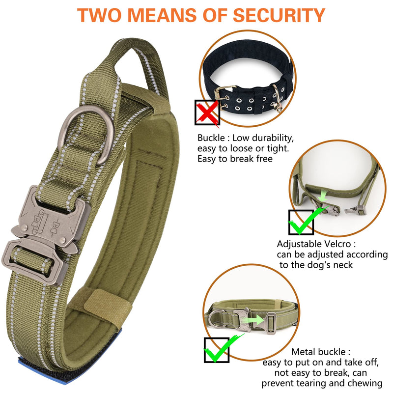 KCUCOP Tactical Dog Collar, Heavy Duty Dog Collar with Handle and Metal Buckle, Military Thick Dog Collars for Medium and Large Dogs(Green-Reflective Set-L, 1 Patch) SET Reflective GREEN L - PawsPlanet Australia