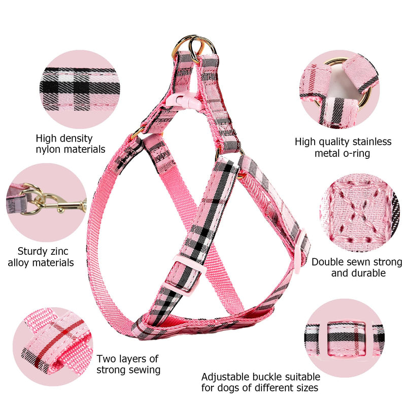 Cute Plaid Dog Collar Harness and Leash with Safety Buckle - Adjustable and No Pull Comfortable Dog Collars for Small Puppy, Stylish Durable Gift for Boy Girl Pets S pink-03 - PawsPlanet Australia