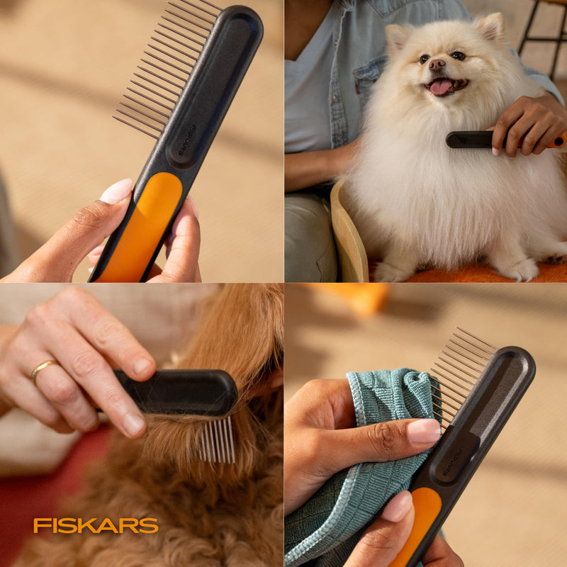 Fiskars Pet Wide Tooth Comb, Cat & Dog Comb, Wide-Spaced Rounded Teeth & SoftGrip™ Handle for Gentle Detangling, Cat and Dog Supplies, 7”, Orange/Black