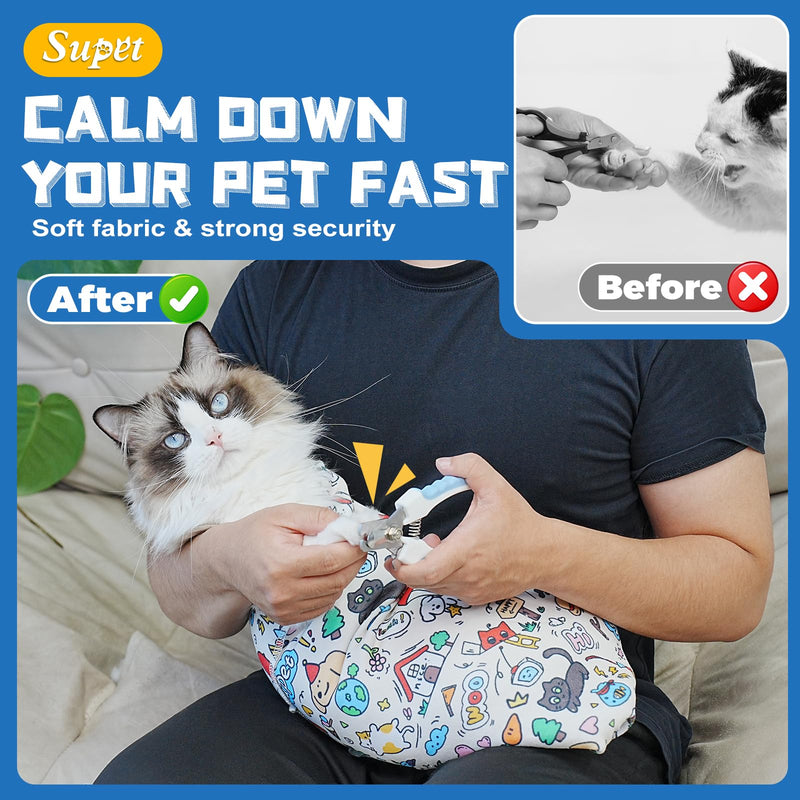 Supet Cat Grooming Wrap for Cutting Nails, 2026 Self-Adherent Anti-Escape Calming Cat Swaddle Wrap for Medicine, Nail Clipping, Teeth Brushing, Ear Cleaning (Cartoon, XL) XL-31.5in ( Weight:＜ 25lbs ) Cartoon