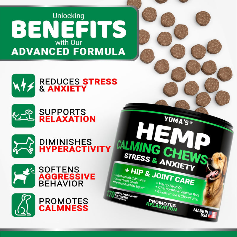 Hemp Calming Chews for Dogs Anxiety - Advanced Dog Calming Treats - 170 Dog Calming Chews - Anxiety Relief Treats - Hemp Oil - Separation Aid, Stress, Hip and Joint Supplement for Dogs Health Support 170 Chews Hemp Calming Chews