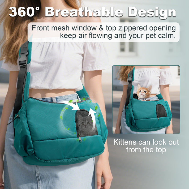 Cat Sling, Hands-Free Cat Carrier Pouch up to 7 lb, Cat Sling with Safety Strap and Pockets, Ideal for Travel and Daily Use, Peacock Blue - PawsPlanet Australia