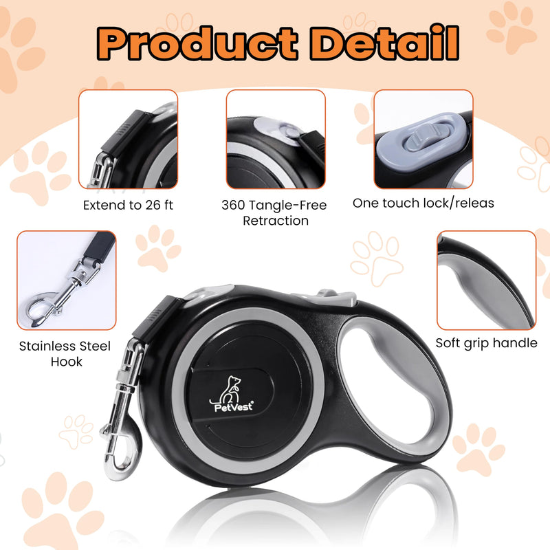 Retractable Dog Leash – Extendable up to 26 FT, Heavy Duty Nylon Tape, No-Tangle, One-Handed Brake & Lock, for Small to X-Large Dogs up to 110 lbs (Black) - PawsPlanet Australia
