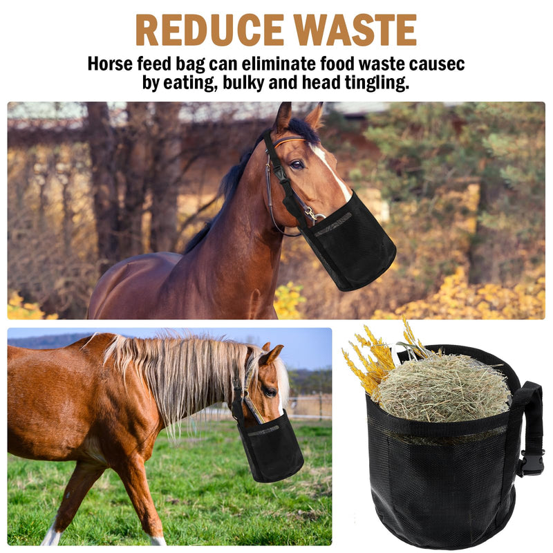 2 Pcs Horse Feed Bag Comfort Breathable Mesh Feed Bucket Heavy Duty Feed Bag with Adjustable Strap and Waterproof Bottom for Horse Feeding Supplies Muzzle Feed Bag, Medium (Black) - PawsPlanet Australia