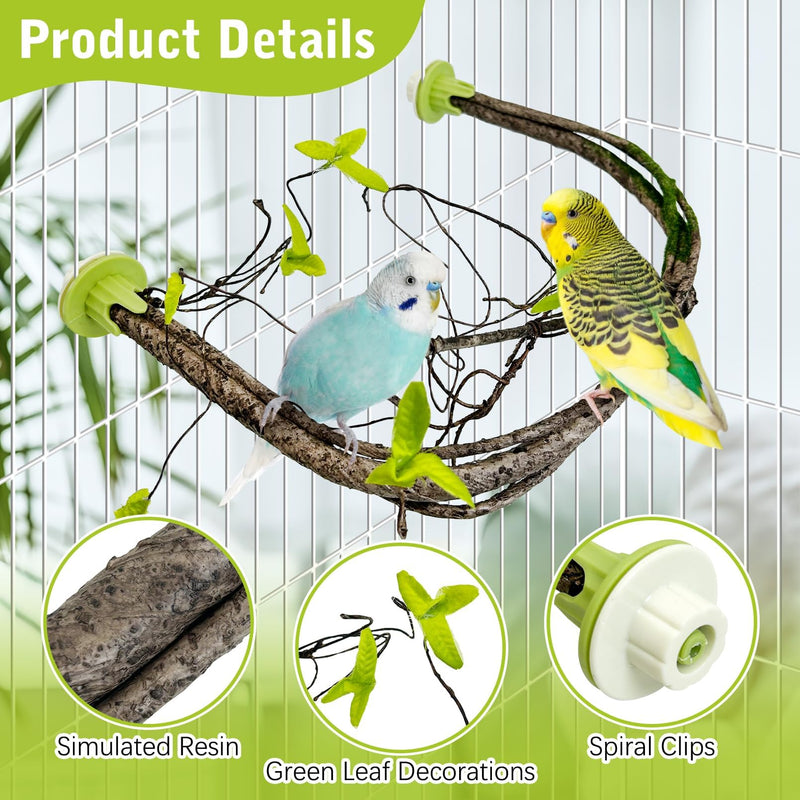 PINVNBY 2 PCS Bendable Bird Perches Simulation Branch Parrot Perch Stand with Green Leaf Hanging Paw Grinding Fork Cage Accessories for Parakeet Budgie Finch Cockatiel Conure (Large) Style 1 Large