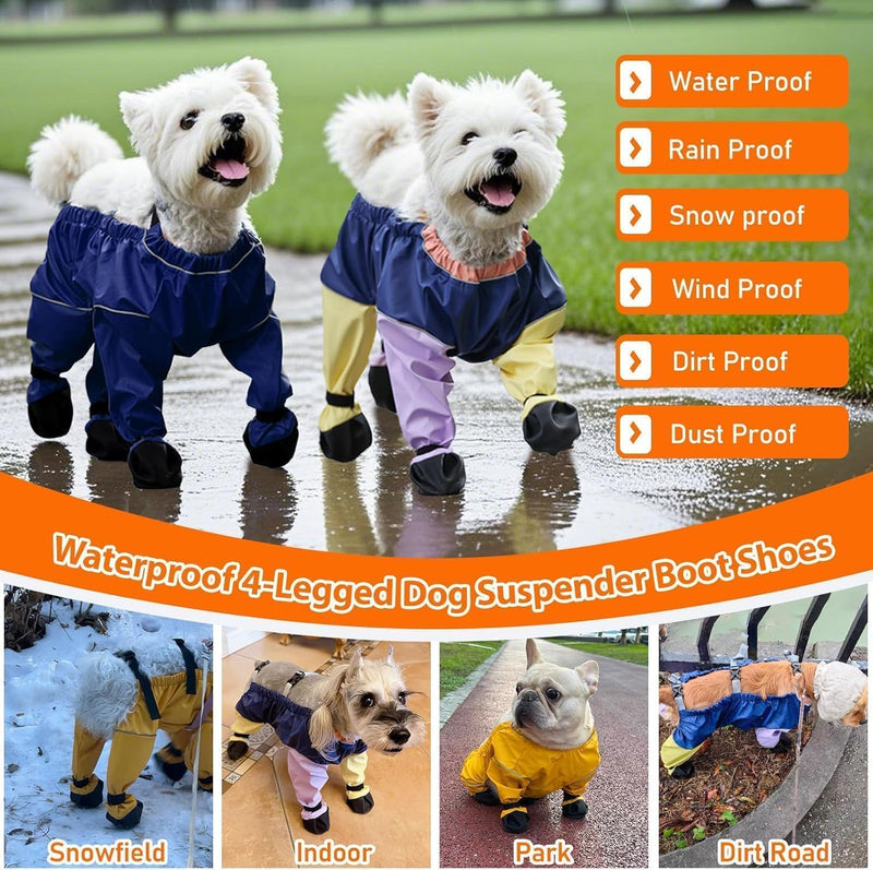 Waterproof Dog Boots Rain Boots with Suspender, Dogs Shoes Paw Protector for Small Medium Puppy, Anti-Slip Doggy Boot Belly Protector, Rain Booties Snow Pants Dogs Suspender Booties Leggings(XS,BLUEF) Blue_ X-Small