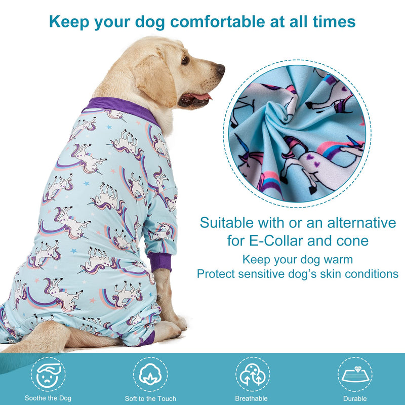 LovinPet Large Dog Pajamas PJS, Wound Care/Post Surgical Recovery Shirt for Big Dogs, Lightweight Stretchy Pullover Dog Onesie, Stop Shedding for Dogs, Magical Unicorn Rainbow Print, Pet PJ's, L Purple - PawsPlanet Australia