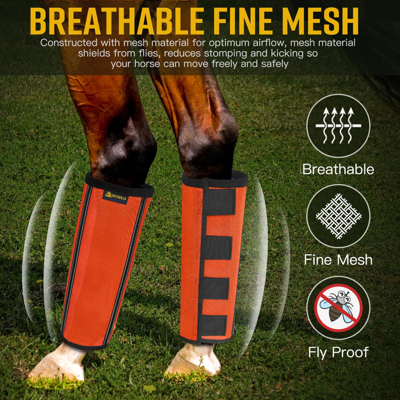 Fly Boots for Horses Set of 4,Extra Tough Mesh Horse Fly Boots with 2 Built-in Metal Supports,Breathable Fly Leggings for Horses with Fleece Trimming and Reflective Webbing (Orange, Large) Orange