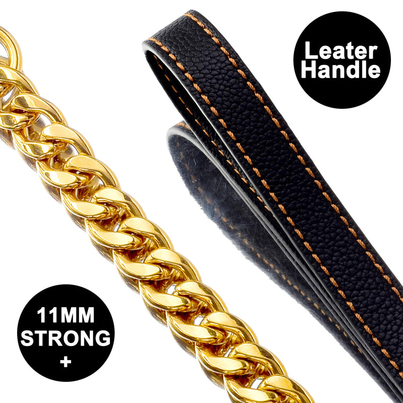 Chain Dog Leash Metal Chew Proof Leash, Leather Handle 11mm Gold 18K 4.5FT Heavy Duty Pet Leash Chain, with Padded Handle for Large Medium Small Dogs (Totally Length of 4.5FT)