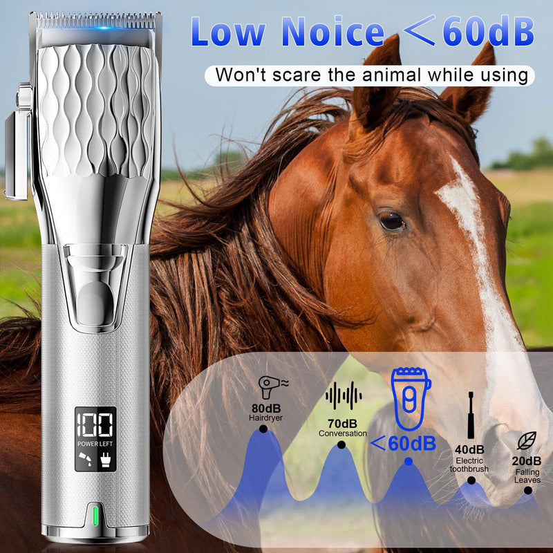 Rechargeable Horses Clippers, Cordless Pet Hair Trimmer Shaver with 6 Guide Guards, 2500mAh Large Battery Capacity Electric Grooming Kit for Livestock Animal Thick Coat, Light Weight 0.8lbs Silver - PawsPlanet Australia