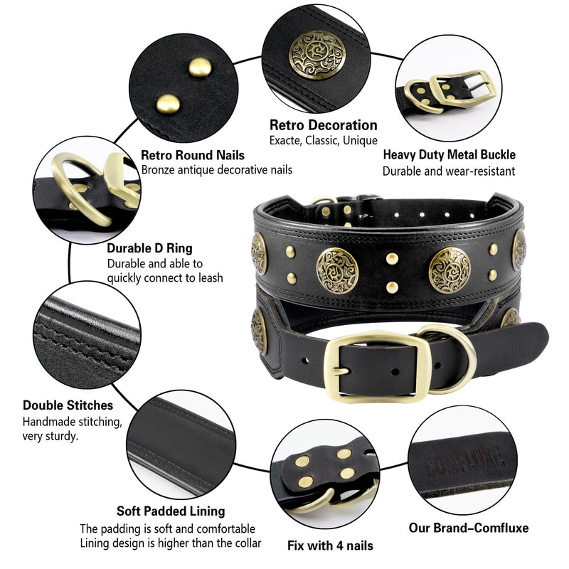 Leather Dog Collar for Medium Dogs, 2" Wide Durable Thick Strong Genuine Leather Spike Dog Collar with Metal Buckle, Padded Collar with Studded Design for Girl Boy Dogs (Black,M) M: 17.7”- 21.7”(45-55cm) Black - PawsPlanet Australia