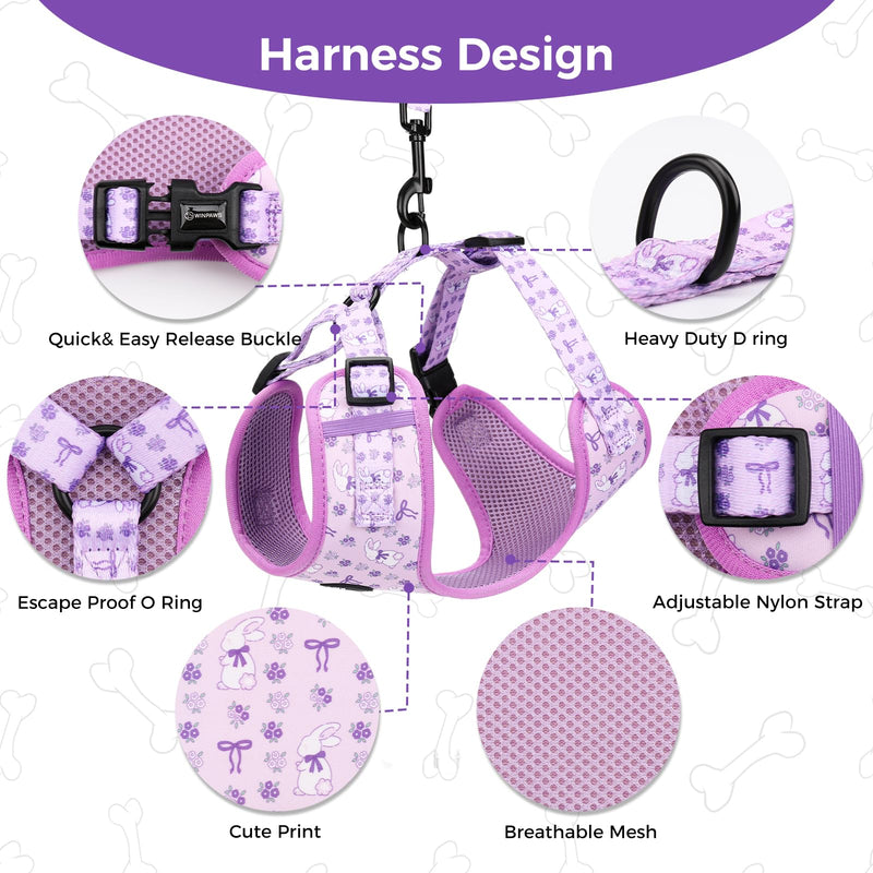 Dog Harness and Lead, Bow Tie Collar Set with Dog Poop Bag Holder and Bandanas, Escape Proof Adjustable Puppy Cat Vest with Soft Mesh Padded, Pet Supplies for Small Medium Dogs Kitten(Purple Rabbit,S) S（Chest：36-52cm,Neck:27-36cm） Purple Rabbit - PawsPlanet Australia
