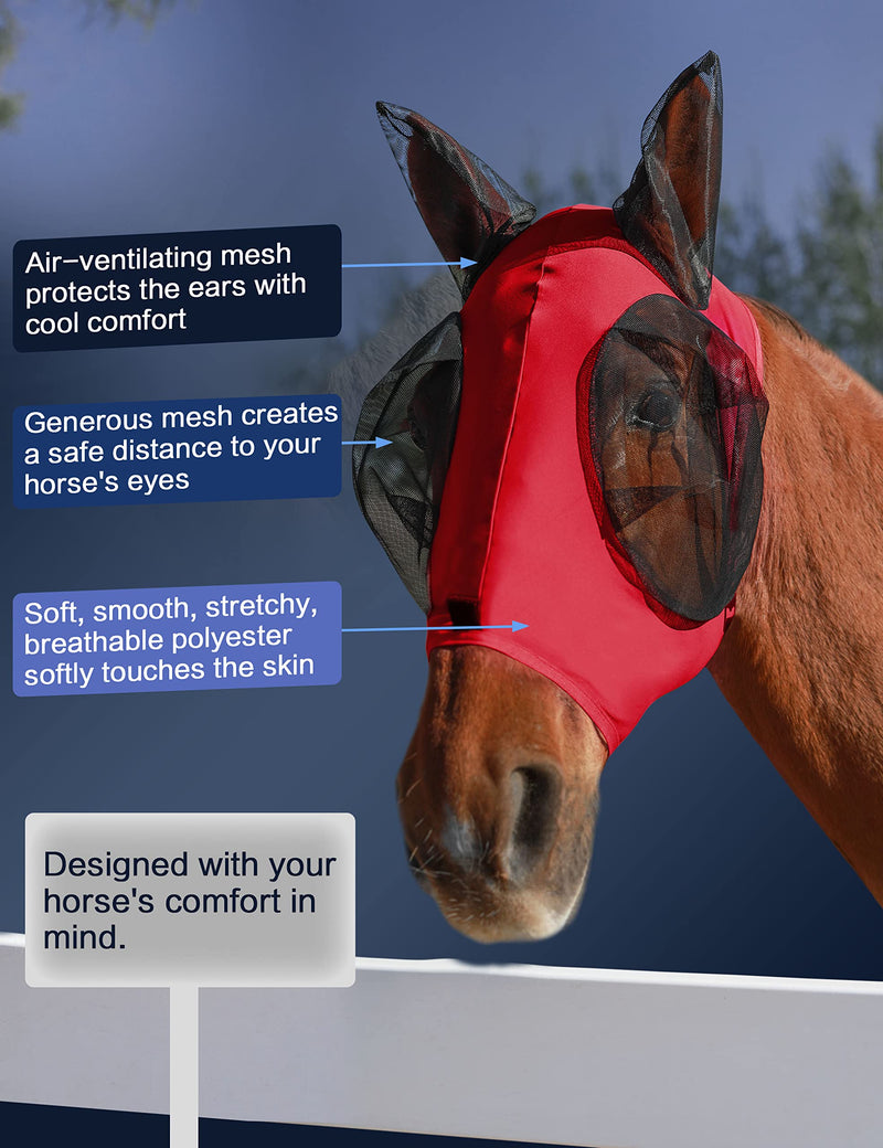 Horse Fly Mask with Ears, UV Protection Fly Mask for Horses, Elasticity Fly Mask with Big Mesh Eye Covers, Snug Fitting Comfortable Breathable Lightweight Fly Mask Horse Rose Red Cob Medium - PawsPlanet Australia