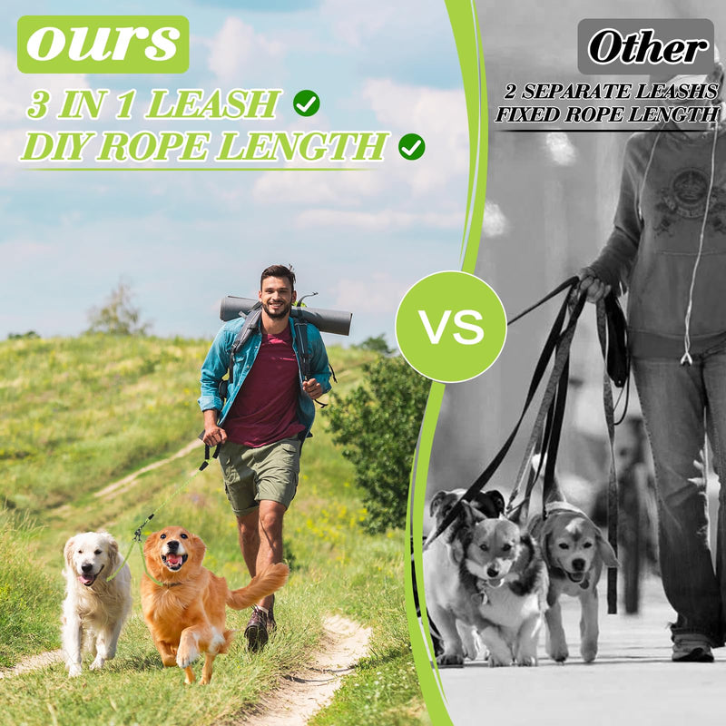 Dog Double Leashes,Rope Bungee Three Leash with Padded Handle Removable for 3 Dogs,Tangle-Free, Padded Handles, 360° Swivel Control (Green, 3 Way) Green - PawsPlanet Australia