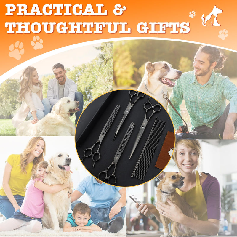 Dream Reach Dog Grooming Scissors - Professional 7.5 Inch Pet Scissors Sharp and Durable Shears Set Thinning, Chunker, Straight, Curved Shears and Comb for Dog Cat Pet, Black - PawsPlanet Australia