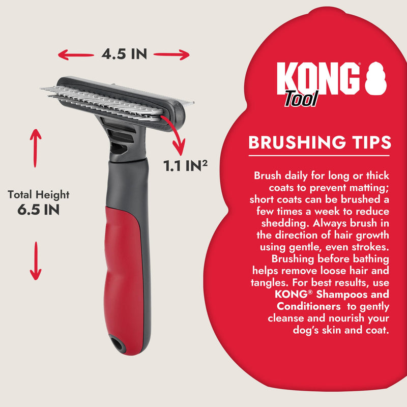 KONG Double-Sided Rake & Deshedding Tool – Detangling & Shedding Control, Rounded Metal Tips, Non-Slip Grip, for Medium to Large Dogs with Medium to Long Coats, Red/Gray - PawsPlanet Australia
