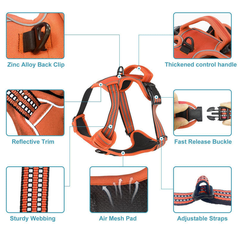 Dog Harness Medium No Pull for Large Dogs and Lead set Adjustable Reflective Pet Vest with Front clip Handle Padded dog harness best for outdoor Training and walking Orange L