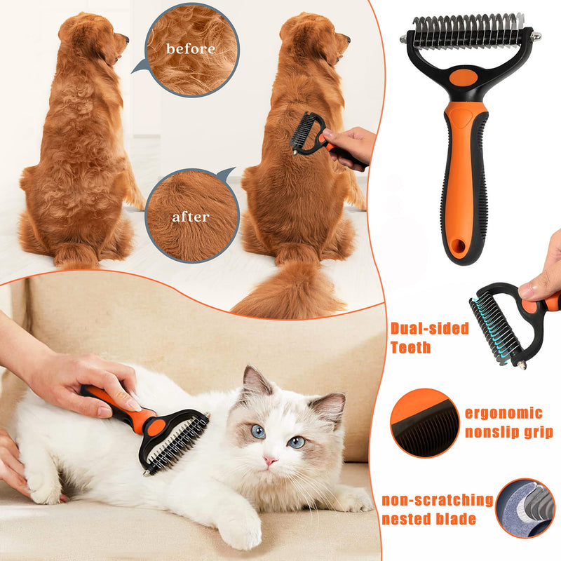 Cat Grooming Brush Kit 6 Tools - Deshedding & Dematting for Long/Short Hair, Self-Cleaning Slicker Brush with 6-in-1 Flea Comb for Cats & Kittens (Orange) Orange - PawsPlanet Australia