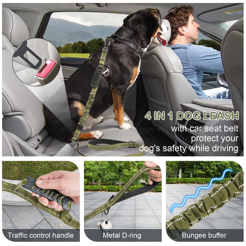 Tactical Dog Leash Heavy Duty, 4-6FT Shock Absorbing Bungee Dog Leash, Reflective Military Strong No Pull Dog Leash with 2 Padded Handle and Car Seatbelt for Medium Large Dogs, Army Green - PawsPlanet Australia