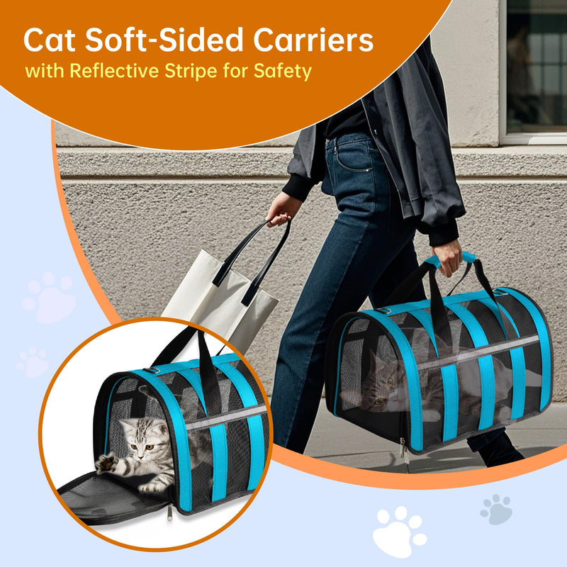 Airline Approved Cat Carrier for Small & Medium Pets up to 15 Lbs, Soft-Sided Collapsible Travel Carrier with Breathable Mesh, Lightweight & Portable Design Blue 16.4''Lx10.3''Wx9.4''H - PawsPlanet Australia