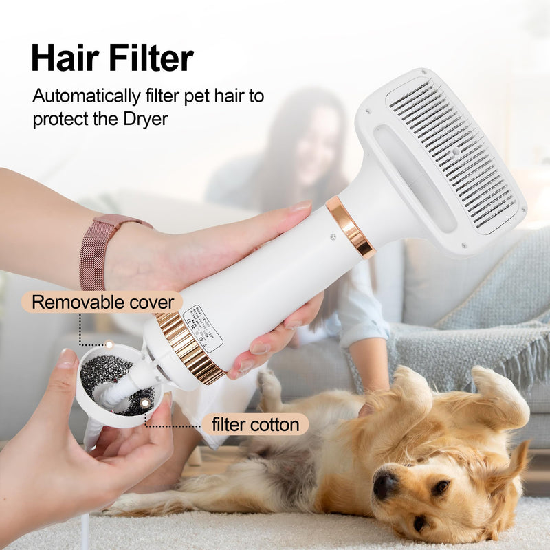 2-in-1 Dog Blow Dryer with Grooming Brush, 3-Speed Adjustable Pet Hair Dryer for Home/Salon, Low Noise High Velocity Blow Dryer for Dog, 300 Watts, Overheat Protection, Portable Rose Gold - PawsPlanet Australia