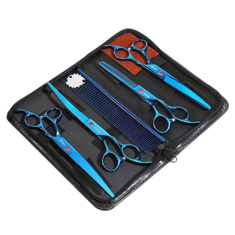 7.0in Titanium Professional Pet Grooming Scissors Set, GEMEK 6 in 1 Straight & Thinning & Upwards Curved & Downwards Curved Scissors & Comb for Dogs, Cats (Blue) Blue 6 in 1 7inch - PawsPlanet Australia