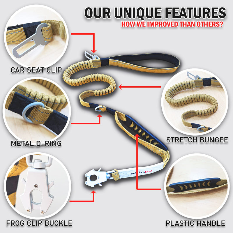 PetsProMax Tactical Dog Leash – Heavy-Duty Bungee Leash with Car Seat Belt Metal Clip & Advanced Easy-to-Use Frog Buckle, 360° Rotatable Hook, 5-7 Feet Stretchable (Brown, Chrome Buckle) Coyote Brown - PawsPlanet Australia