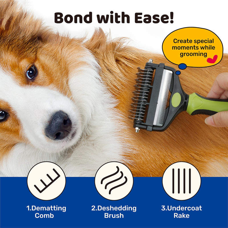 3-in-1 Pet Deshedding Tool - Undercoat Rake, Deshedding Brush, Dematting Comb for Dogs & Cats, Dog Brush for Shedding, Professional Grooming Brush for Double Coat, Long & Short Hair (Green) Green - PawsPlanet Australia