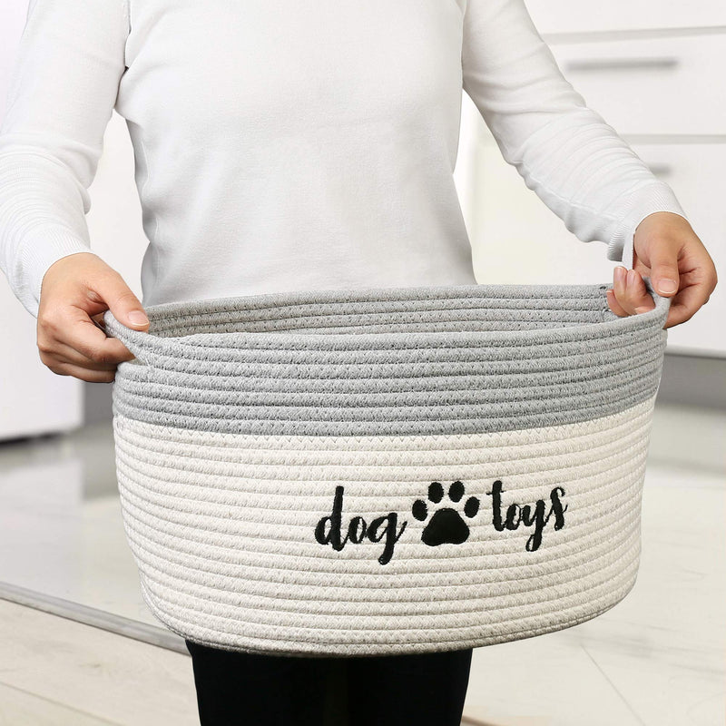 PrimePets Cotton Rope Dog Toy Basket, Small Basket with Handles, Woven Storage Bin for Dogs Pets, 15x10x9 inch Pet Basket Container Holder for Toys Dog Toys Basket