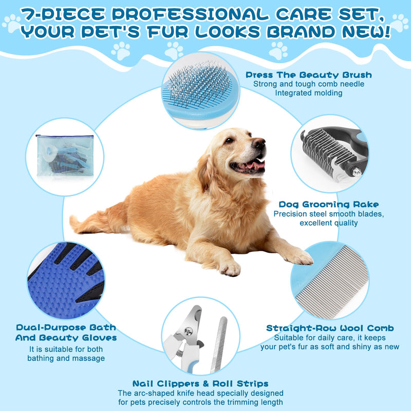 7-in-1 Pet Grooming Kit–Cat Brush,Dog Brush for Shedding,Double-Sided Flea Comb,Dog Nail Trimmers,Dog Bath Supplies–For All Cat And Small/Large Dog Shedding（Blue 7-Blue - PawsPlanet Australia
