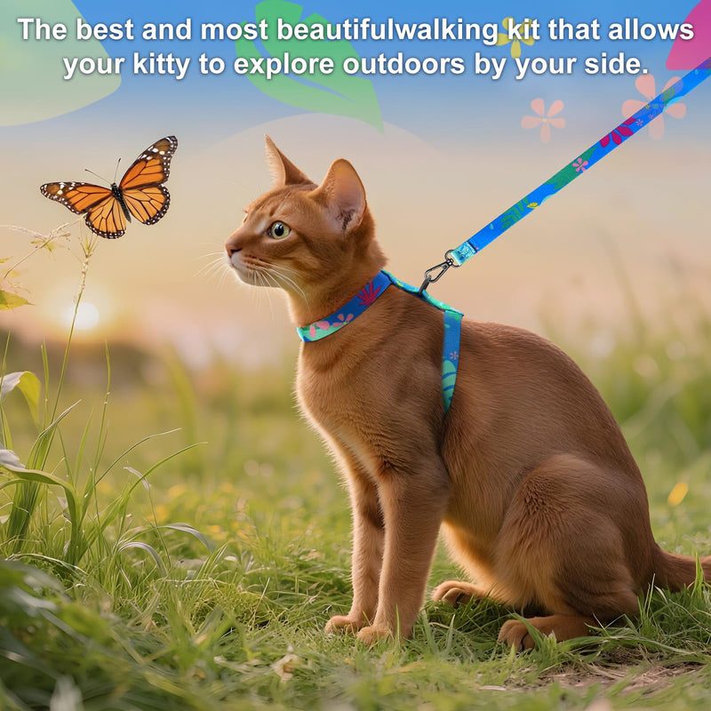 Cat Harness and Leash Set with Matching Collar – Escape Proof H-Style Harness for Cats, Adjustable & Lightweight, Tropical Hawaiian Leaf Print, Easy Wear for Outdoor Walking & Training Hawaii Blue - PawsPlanet Australia