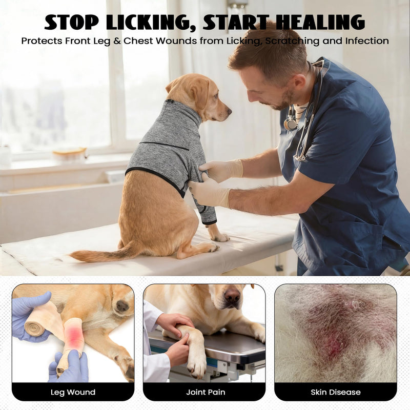 Dog Surgery Recovery Suit – Ideal for Front Leg Surgery & Chest Wound Healing, Soft Breathable Post-Op Suit with Elbow Pads, Stop Licking Cone Alternative, Grey, XL X-Large