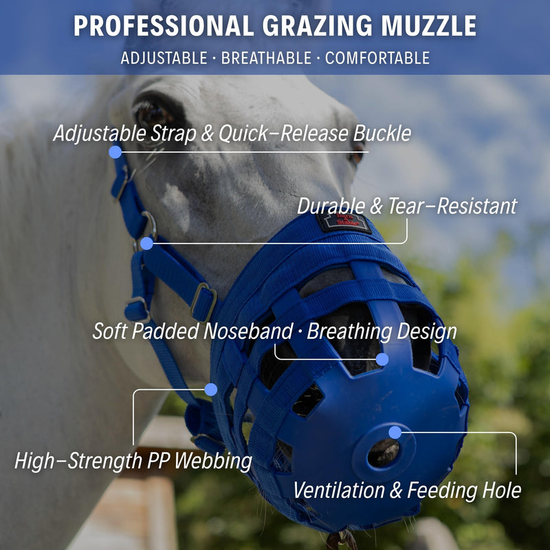 BARN & STABLE Horse Grazing Muzzle for Easy Breathe, Comfortable Muzzle Grazing for Horses with Adjustable Straps, Buckles, Suitable for Precaution of Laminitis Blue Small - PawsPlanet Australia