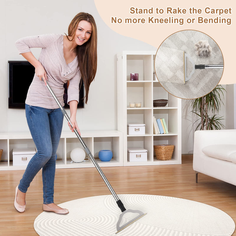 47“ Adjustable Long Handle Carpet Rake Pet Hair Remover, Reusable Large Metal Lint Remover Brush for Embedded Fur Removal from Low Pile Rugs Stairs, Carpet Brush Scraper Dog Cat Hair Remover Broom - PawsPlanet Australia