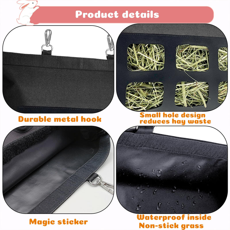 Rabbit Hay Feeder Bag, Upgraded Bunny Hay Bag, 6 Holes 600D Oxford Fabric Hay Holder Bag for Small Animal Guinea Pig Chinchilla Rabbit Cage by Rayfarmo,(Black) M-11"x13.8" Black-6h