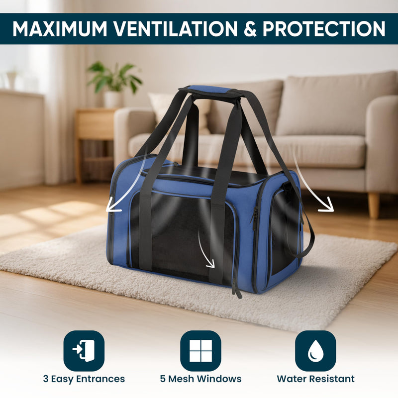 Pet Travel Carrier Bag – Airline Approved Soft-Sided Dog & Cat Carrier, Foldable, Breathable Mesh, Washable Pad – Fits Pets up to 15 lbs – The Pup Quartet (Blue) Blue