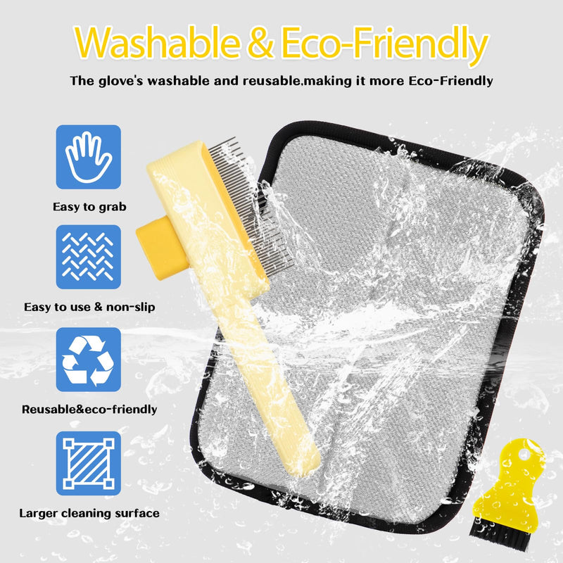 Electrostatic Pet Hair Removal Glove - Reusable Pet Hair Removal Glove with Cleaning Brush & Flea Comb for Cats & Dogs, Washable for Clothing, Couch, Carpet, Car Seat (Black/Yellow) - PawsPlanet Australia