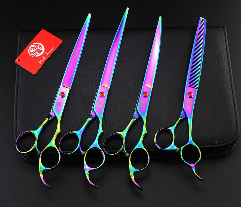 Purple Dragon 8.0 inch Professional Pet Grooming Scissors,Dog Straight Shear, Thinning/Blending Scissor & 2 PCS Curved Shear with Bag (Multicolor) - PawsPlanet Australia