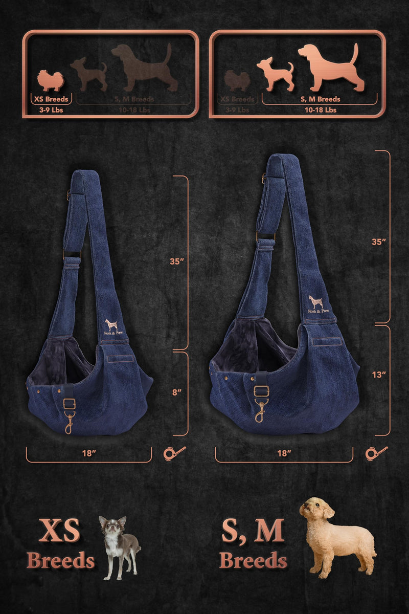 Noah & Paw Dog Sling Carrier for Small Dogs 5-18lb, Dog Sling for Small Dogs and Cats, Dog Carrier with Adjustable Padded Strap, Premium Denim, Lined with Fur, Double Safety Feature, Machine Washable Dark Blue 18.0"L x 10.0"W x 6.5"H - PawsPlanet Australia