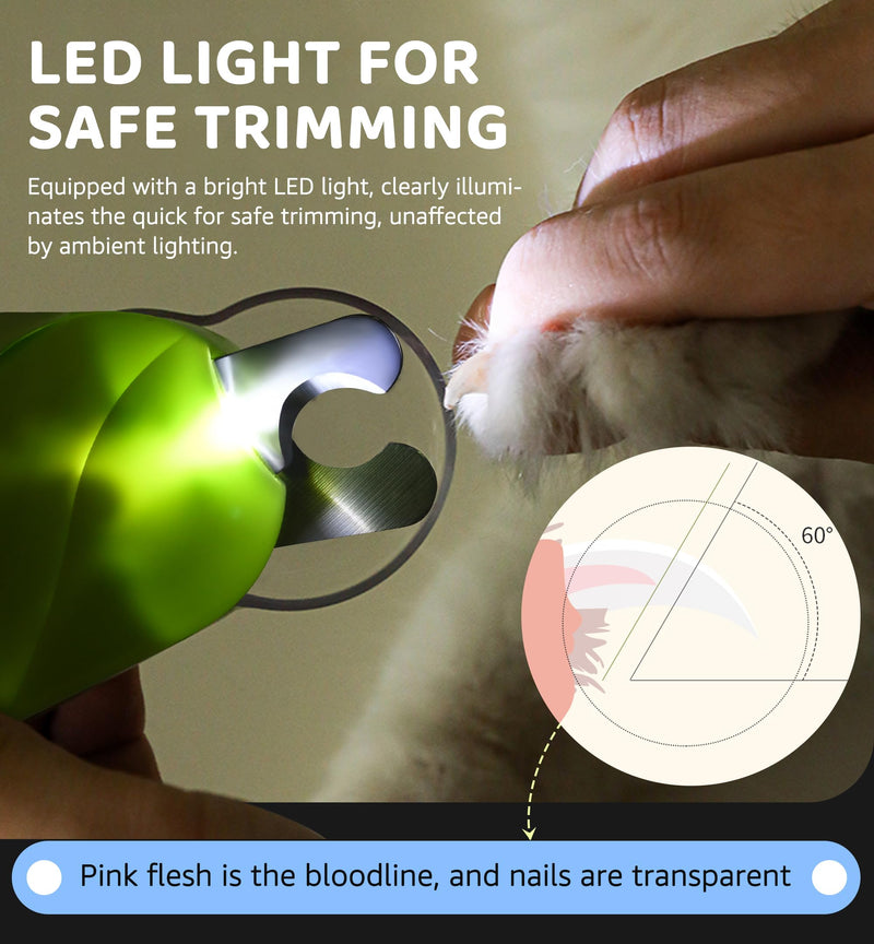 Pet Nail Clipper with Light for Cats & Small Dogs Puppies, Ultra Bright LED to Illuminate Nail Bloodline to Avoid Over Cutting, Extra-Sharp and Durable Cat Claw Trimmer with Nail File (Green) Green - PawsPlanet Australia