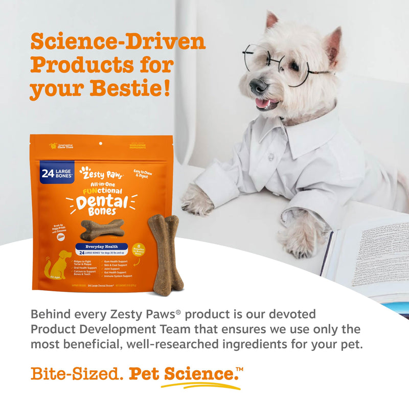 Zesty Paws Dental Bones - Fights Tartar & Plaque - Gum, Teeth & Bone Health - Cinnamon for Dog Breath - Immune, Joint, Gut, Skin & Coat Support - Omega 3 EPA & DHA and Calcium - Large Dogs - 24 ct 24 Count - PawsPlanet Australia