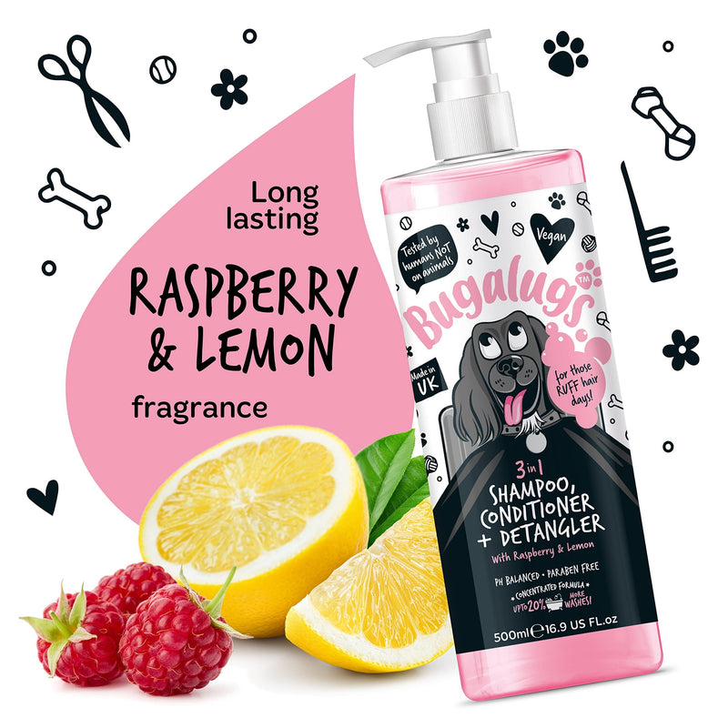 BUGALUGS 3-in-1 Dog Shampoo, Conditioner & Detangler – Raspberry & Lemon Scented Grooming for Smelly Dogs, Puppy Coat Care, Pet Accessories (500ml) (BSDTCDE500) Shampoo 500ml