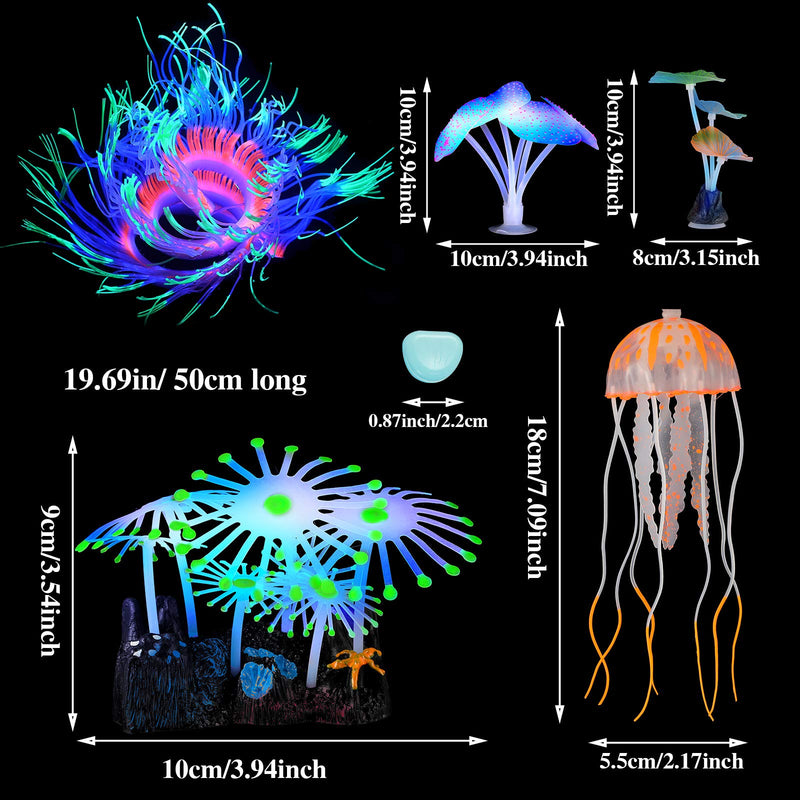 57 Pieces Glowing Fish Tank Decorations Plants with Simulation Glowing Silicone Coral Glowing Jellyfish Lotus Leaf Changeable Green Sea Anemone Luminous Stones for Aquarium Fish Tank Glow Ornament - PawsPlanet Australia