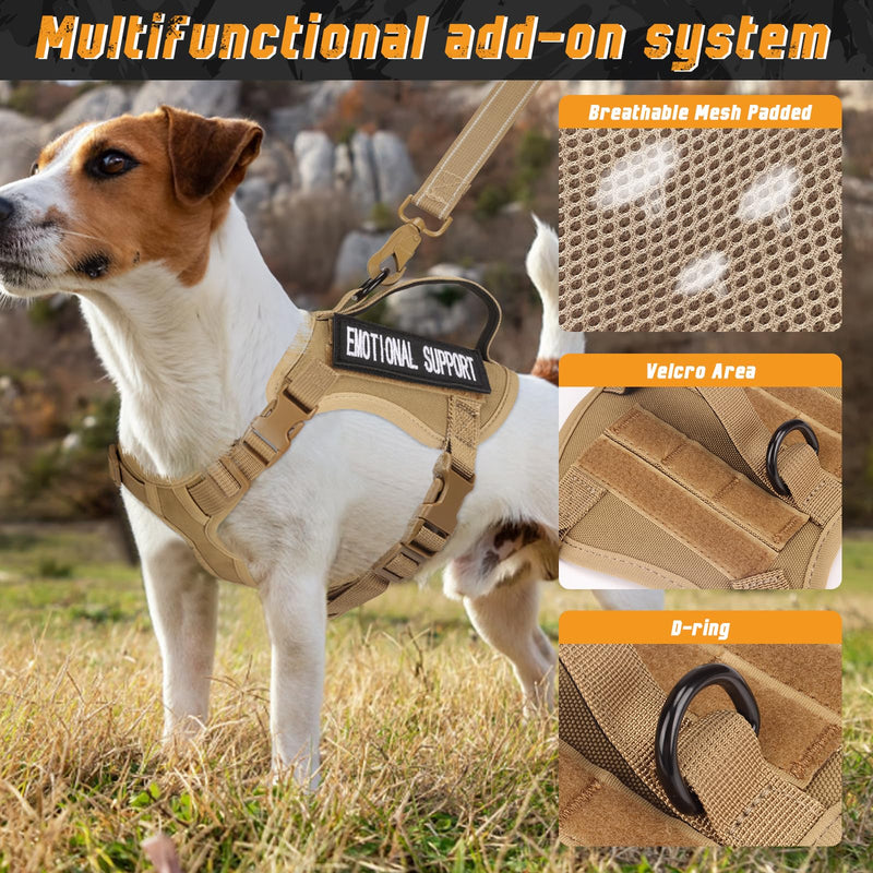 Tactical Dog Harness for Small Dogs, Military Puppy Vest Harness and Leash for Outdoor Training, Adjustable Service Dog Vest with Handle, 3 Patches XS Khaki - PawsPlanet Australia