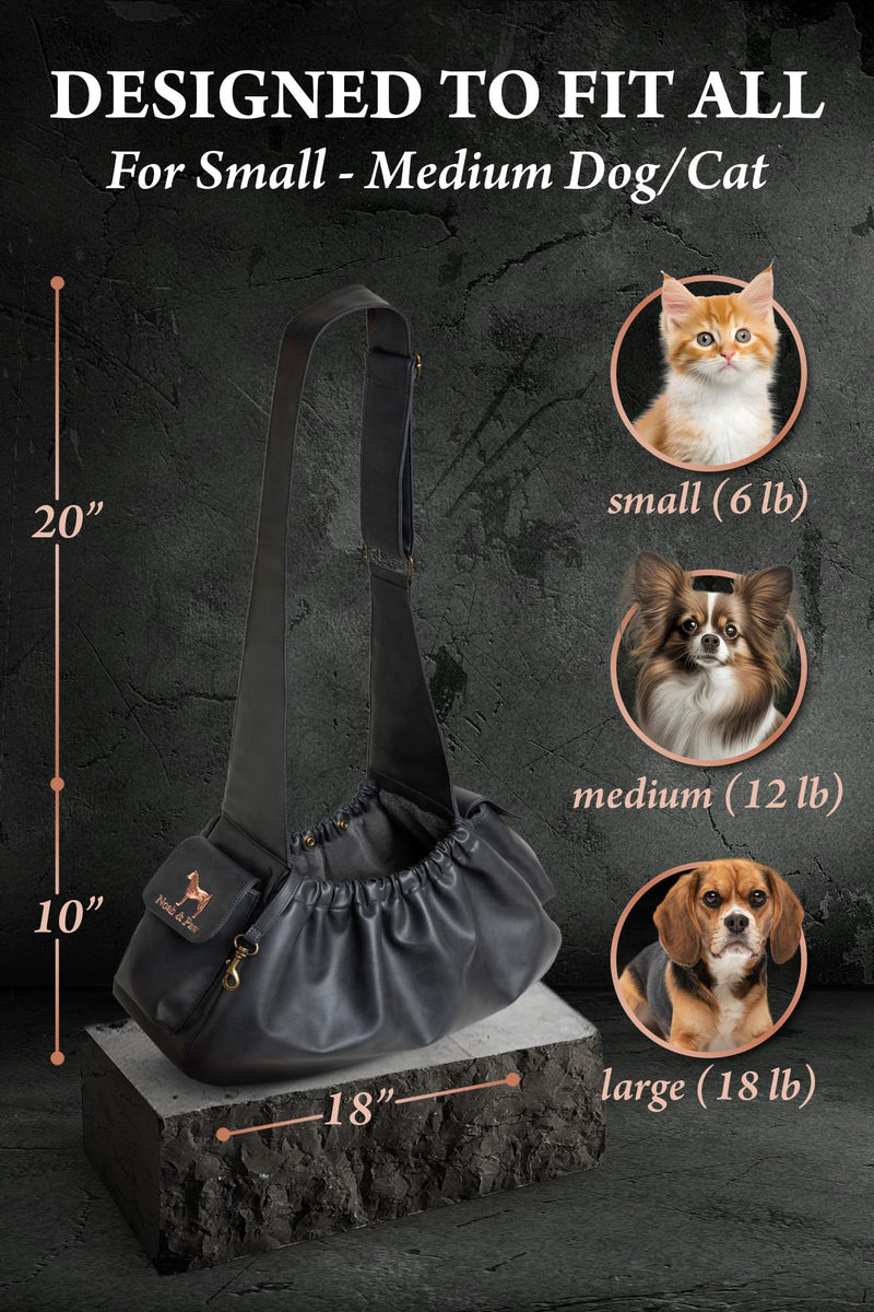 Noah & Paw Dog Sling Carrier for Small Dogs 5-18lb, Dog Sling for Small Dogs and Cats, Dog Carrier with Adjustable Padded Strap, Vegan Leather Lined with Fur, Double Safety Feature, Machine Washable Charcoal 18.0"L x 10.0"W x 6.5"H - PawsPlanet Australia
