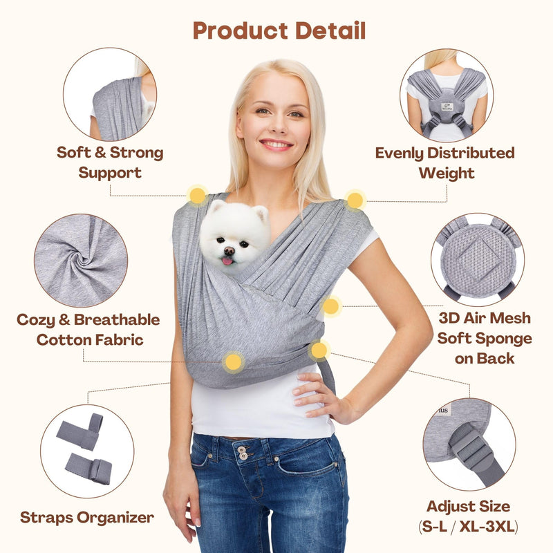 Dog Carriers for Small Dogs, Front Facing Small Dog Carrier, Hands Free Pet Carrier, Size Adjustable Cat Carriers, Reducing Back Pain, Safe Soft Cotton Cat Sling (Regular, Heather Gray) Regular Light Heather Gray - PawsPlanet Australia