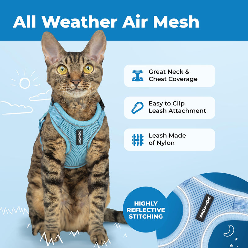 Voyager Escape-Proof Step-in Lock Cat Harness & 5ft Neoprene-Handle Leash Set All-Weather Mesh with Reflective Stitching for Small to Large Cats by Best Pet Supplies, Baby Blue (327), XXXS Baby Blue (327) XXXS (Chest: 10.5 - 13") - PawsPlanet Australia