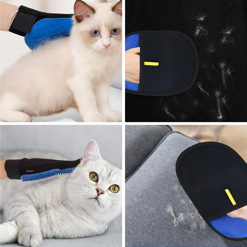 Pet Hair Removal Grooming Gloves Set – Silicone Cat & Dog Deshedding Gloves with Double-Sided Pet Hair Remover, Washable Reusable Anti-Static Grooming Set for Cats Dogs Horses (Blue) - PawsPlanet Australia